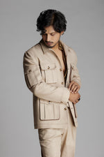 Load image into Gallery viewer, Beige Shirt Collar Linen Co-ord Set with Patch pockets.