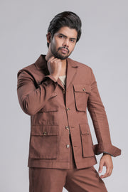 Russet Brown Notch Collar Co-ord Set with Patch Pockets.