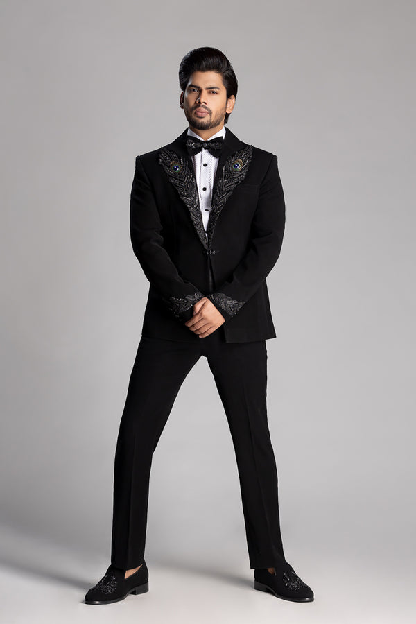 TUXEDO SET WITH PEACOCK FEATHER IN BLACK CUT BEADS WORK