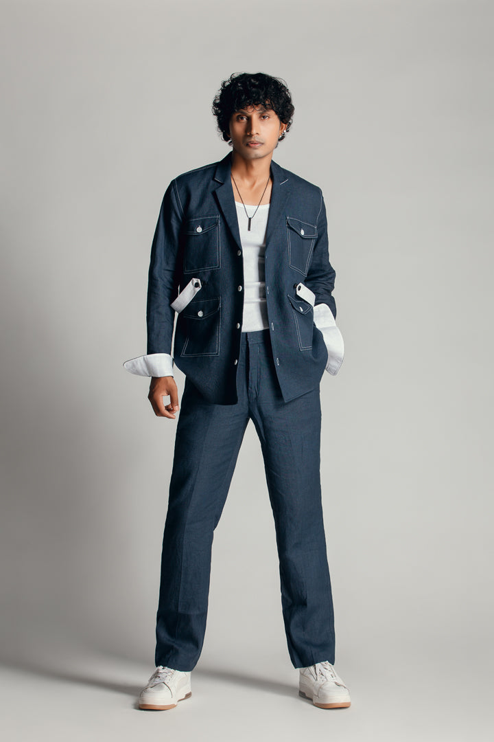 Denim Blue Notch Collar Co-ord Set with Patch Pockets.