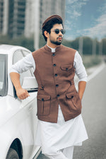 Load image into Gallery viewer, Linen Patch Pockets &amp; Belt Nehru Jacket.

