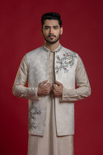 Load image into Gallery viewer, Multi Thread with Kasab Embroiderd Open Jacket
