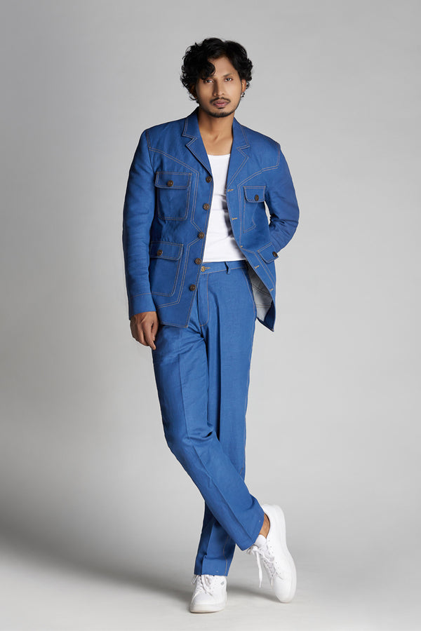 Denim Blue Linen Co-ord Set with Patch pockets
