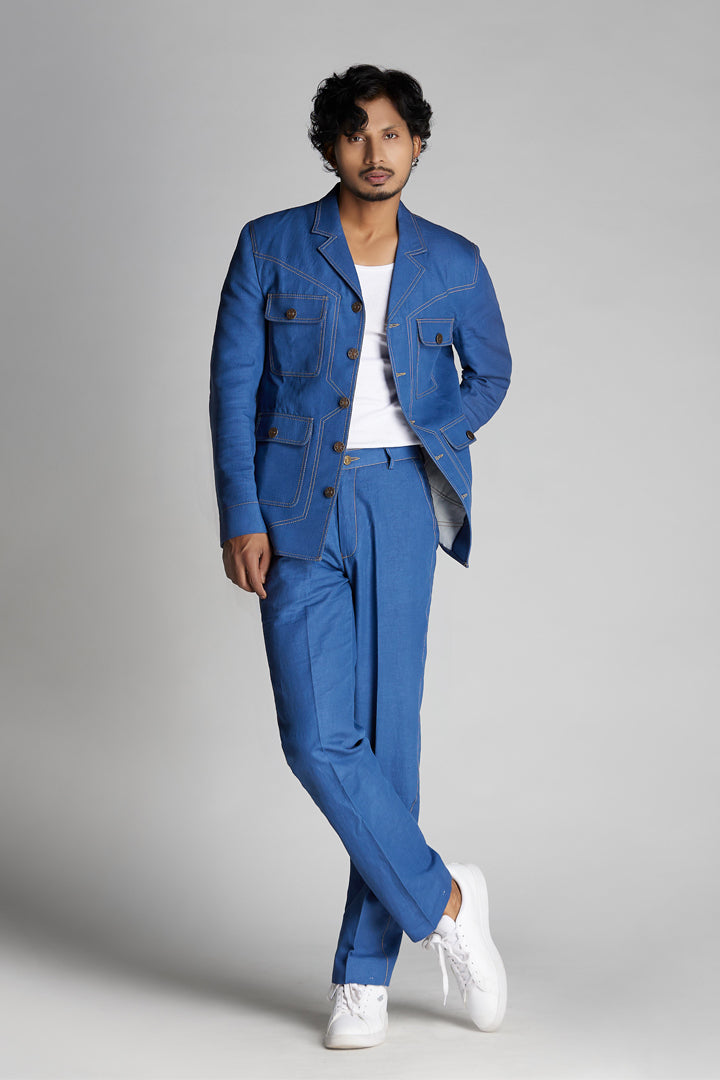 Denim Blue Linen Co-ord Set with Patch pockets