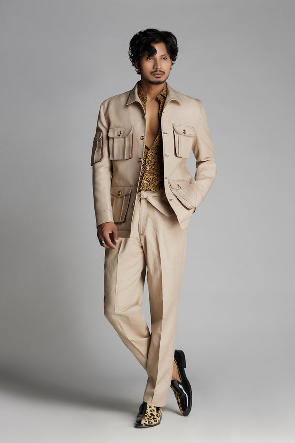 Beige Shirt Collar Linen Co-ord Set with Patch pockets.