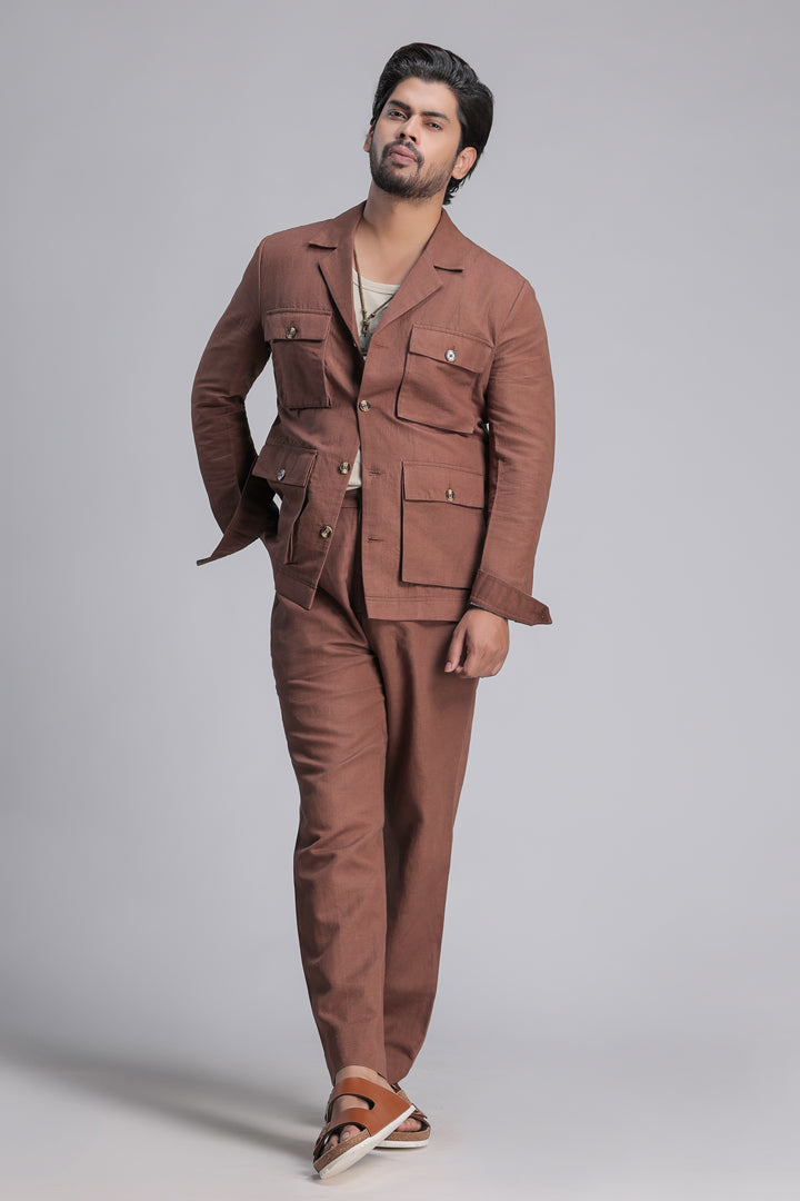 Russet Brown Notch Collar Co-ord Set with Patch Pockets.