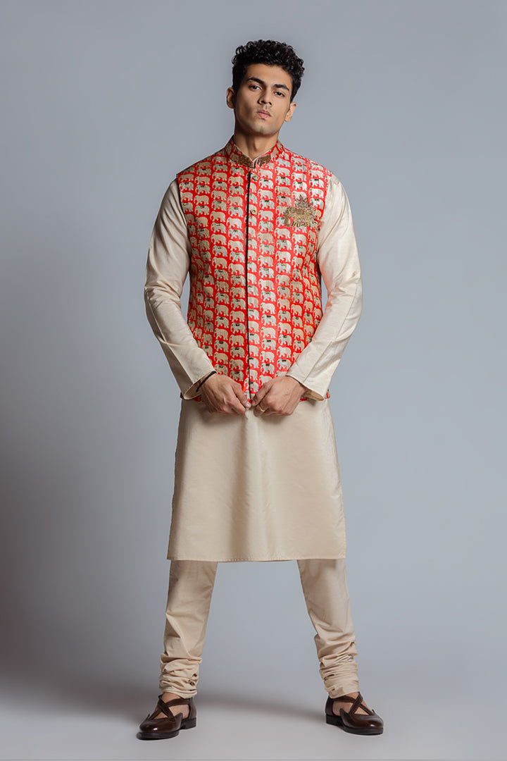 Silk Elephant Print &  Embroidered Modi Jacket
