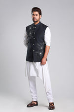 Load image into Gallery viewer, Blue with Silver Kasab Embroiderd Nehru Jacket

