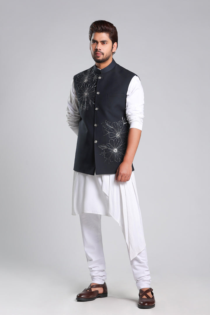 Blue with Silver Kasab Embroiderd Nehru Jacket