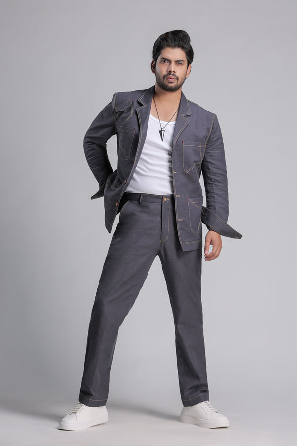 Grey Notch Collar Co-ord Set with Patch Pockets.