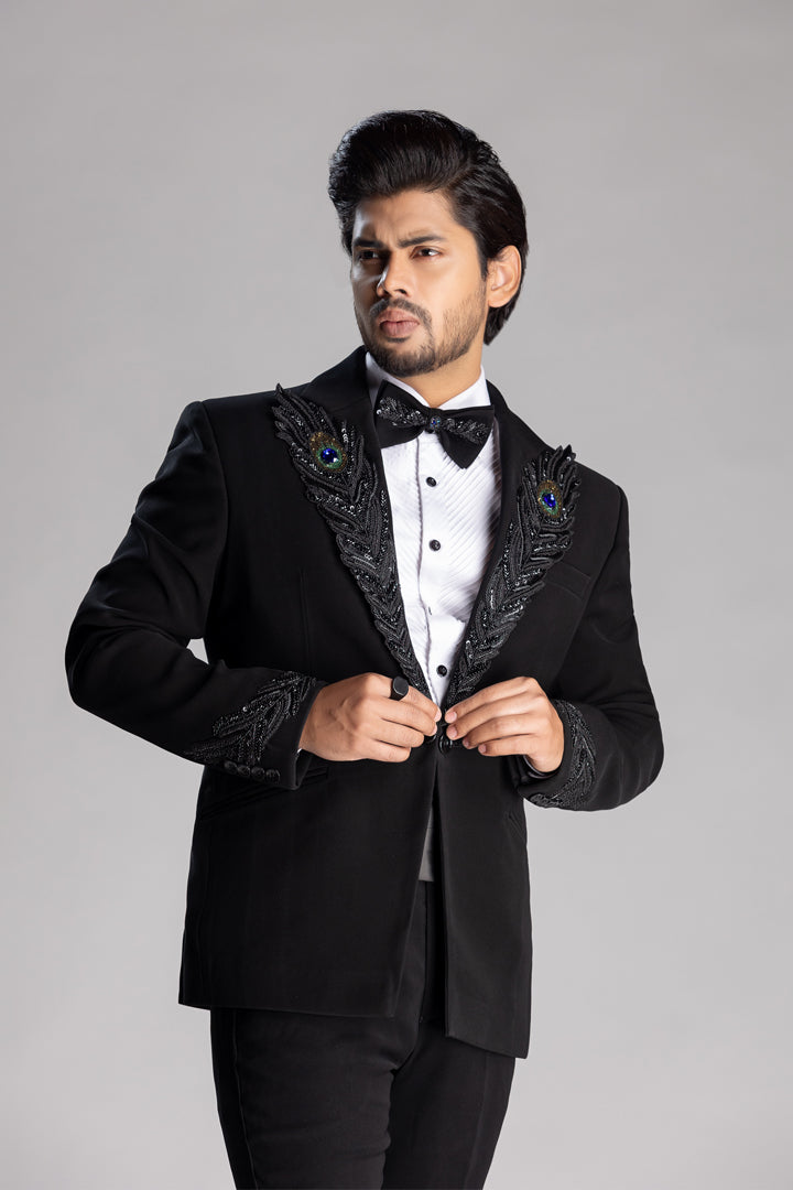 TUXEDO SET WITH PEACOCK FEATHER IN BLACK CUT BEADS WORK