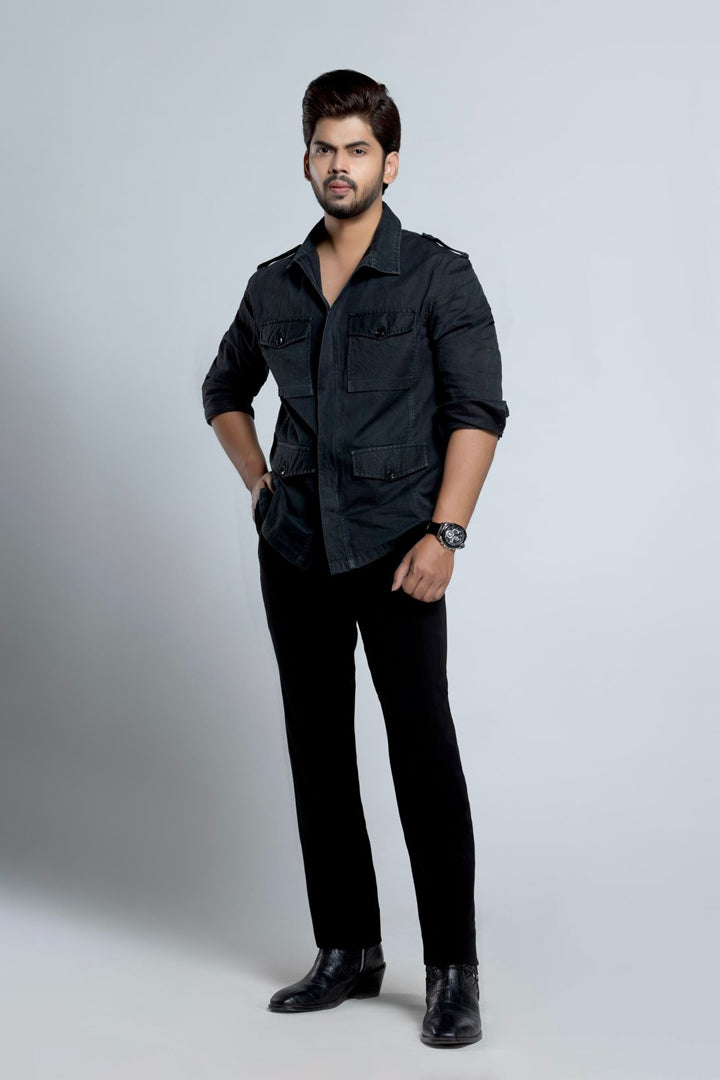 Black Linen Shacket with Patch Pockets