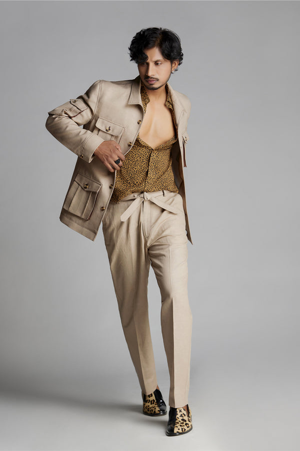Beige Shirt Collar Linen Co-ord Set with Patch pockets.