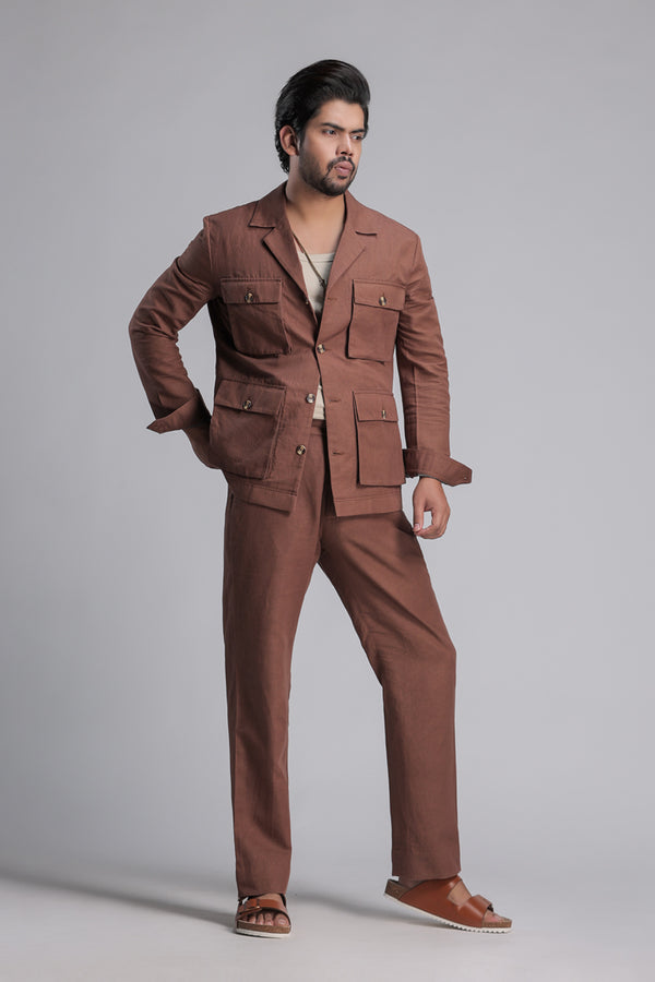 Russet Brown Notch Collar Co-ord Set with Patch Pockets.