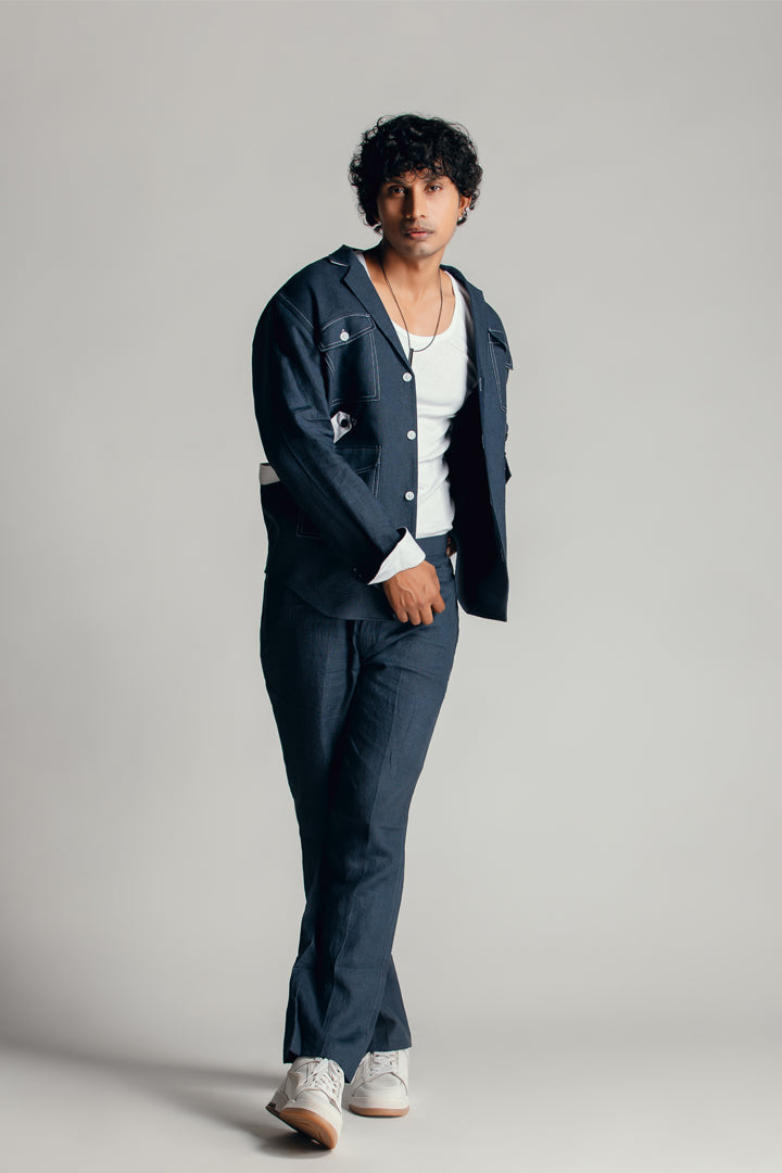 Denim Blue Notch Collar Co-ord Set with Patch Pockets.