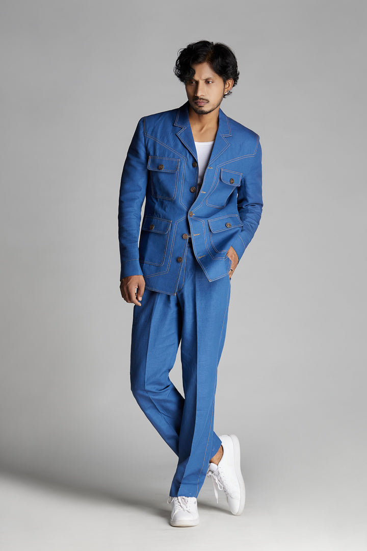 Denim Blue Linen Co-ord Set with Patch pockets
