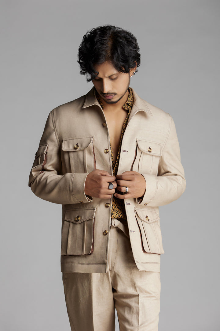 Beige Shirt Collar Linen Co-ord Set with Patch pockets.