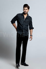 Black Linen Shacket with Patch Pockets