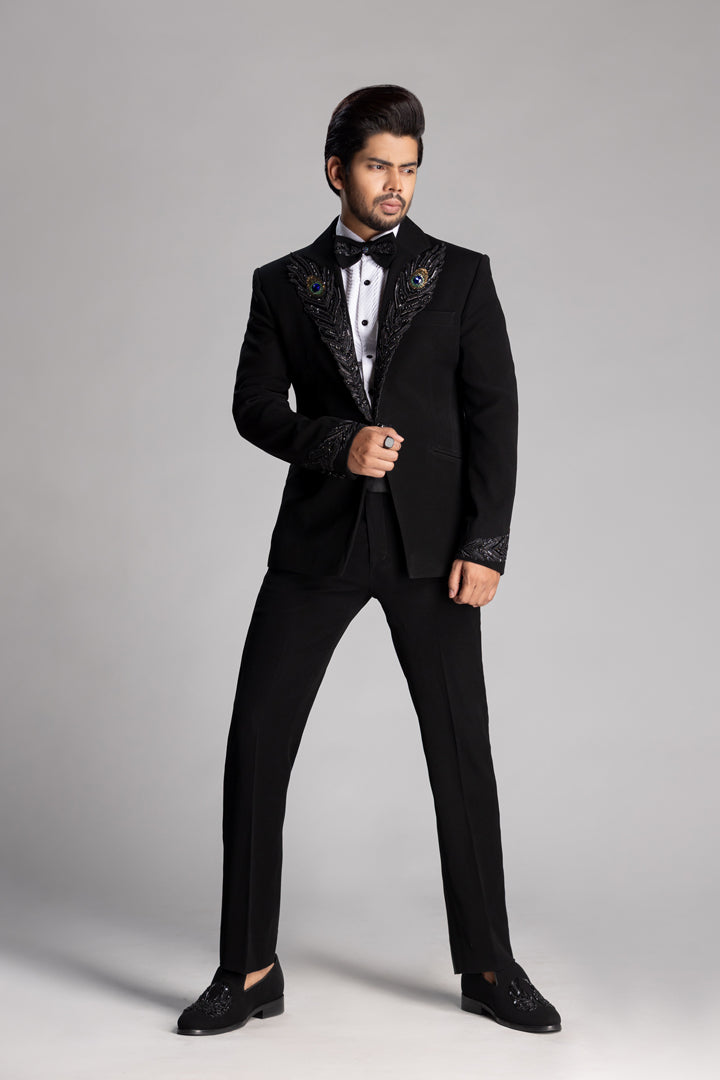 TUXEDO SET WITH PEACOCK FEATHER IN BLACK CUT BEADS WORK