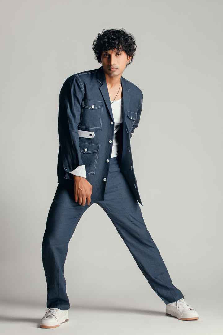 Denim Blue Notch Collar Co-ord Set with Patch Pockets.