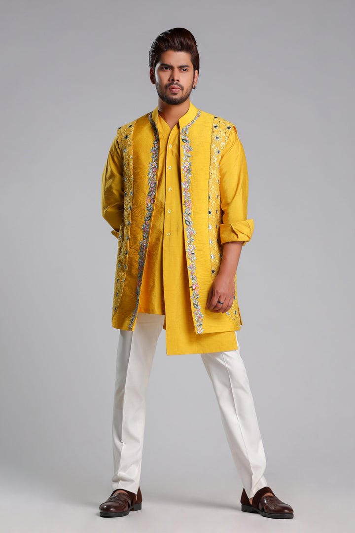 Yellow Fabric with Multi Thread Embroiderd Jacket