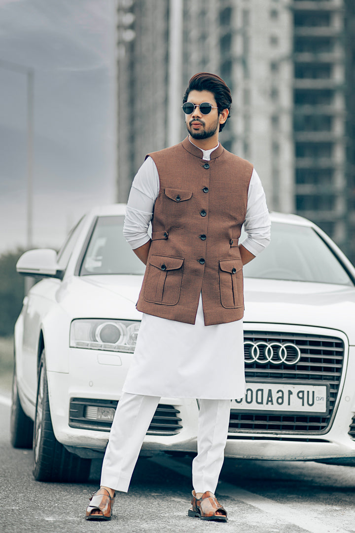 Linen Patch Pockets & Belt Nehru Jacket.