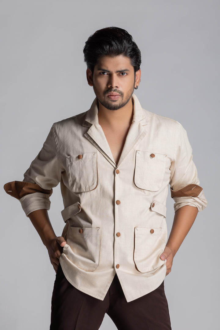 Beige & Brown Linen Co-ord Set with Attachable belt