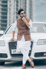 Load image into Gallery viewer, Linen Patch Pockets &amp; Belt Nehru Jacket.
