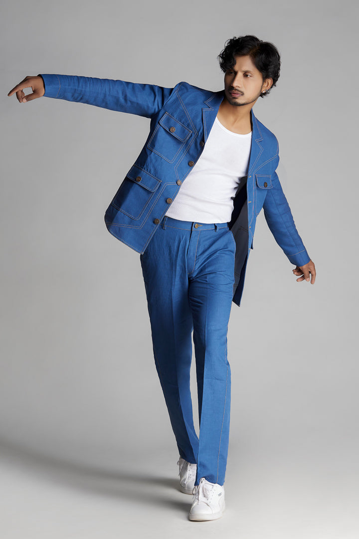 Denim Blue Linen Co-ord Set with Patch pockets