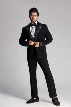 TUXEDO SET WITH PEACOCK FEATHER IN BLACK CUT BEADS WORK