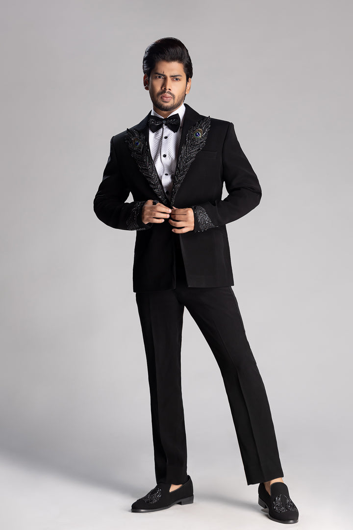 TUXEDO SET WITH PEACOCK FEATHER IN BLACK CUT BEADS WORK