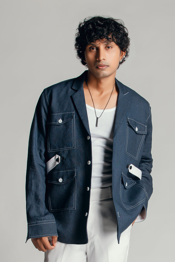Denim Blue Notch Collar Co-ord Set with Patch Pockets.