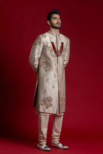 Load image into Gallery viewer, Cream &amp; Gold kasab Embroiderd Sherwani
