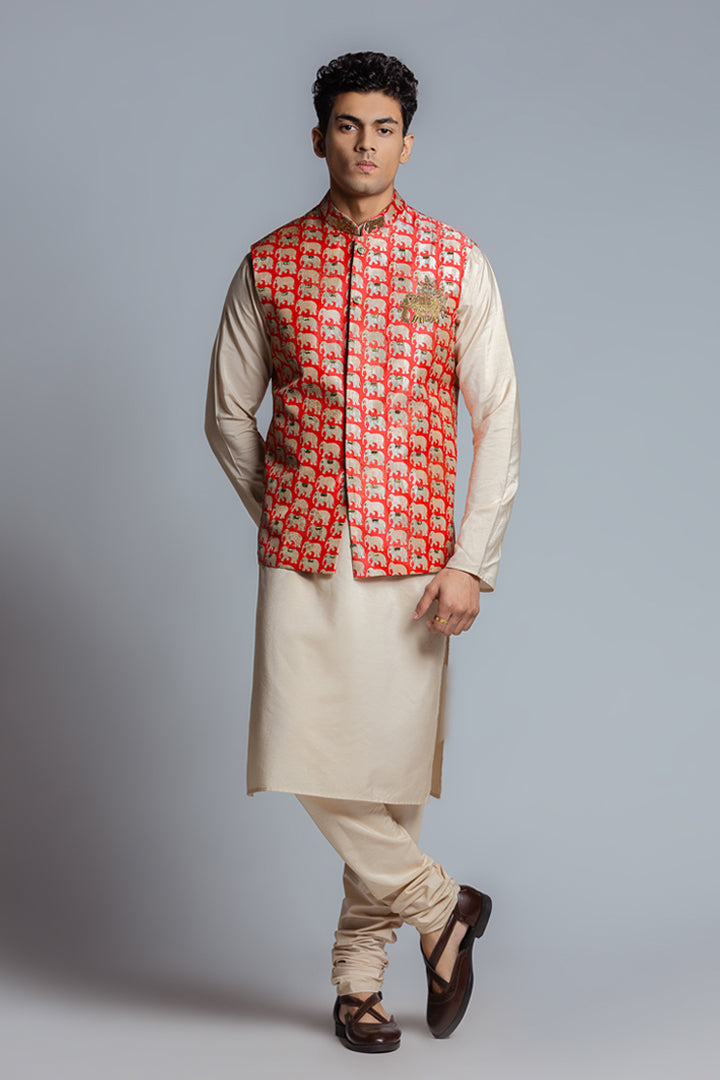 Silk Elephant Print &  Embroidered Modi Jacket