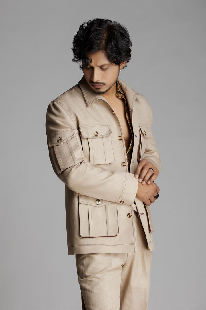 Beige Shirt Collar Linen Co-ord Set with Patch pockets.