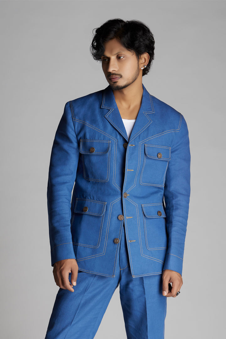 Denim Blue Linen Co-ord Set with Patch pockets