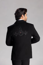 Load image into Gallery viewer, TUXEDO SET WITH PEACOCK FEATHER IN BLACK CUT BEADS WORK
