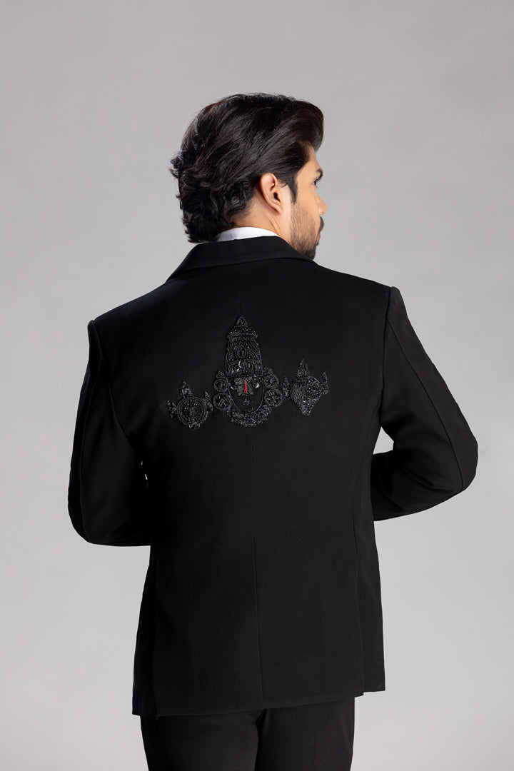 TUXEDO SET WITH PEACOCK FEATHER IN BLACK CUT BEADS WORK