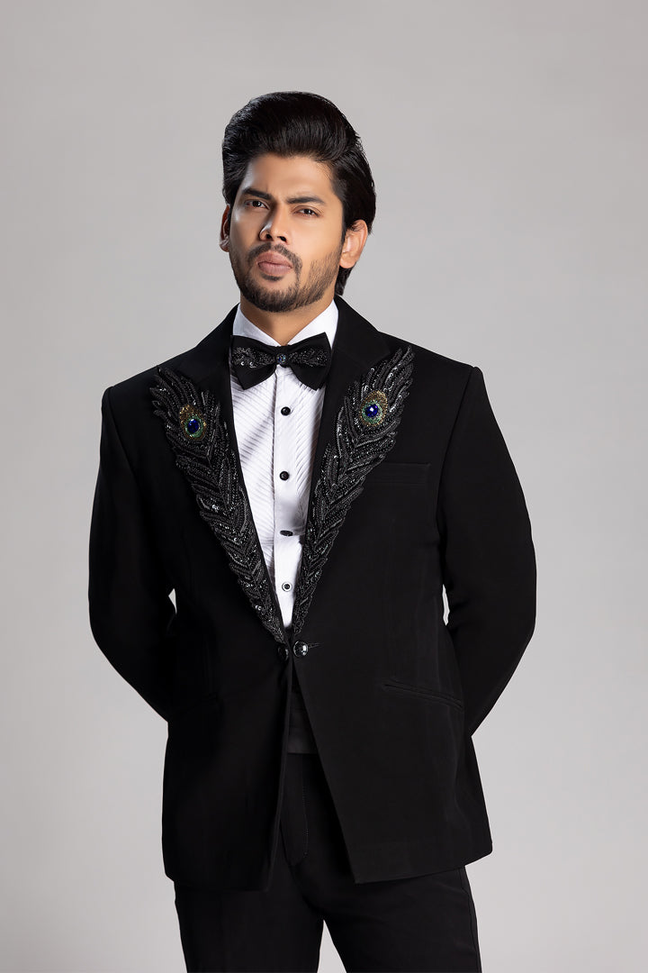 TUXEDO SET WITH PEACOCK FEATHER IN BLACK CUT BEADS WORK