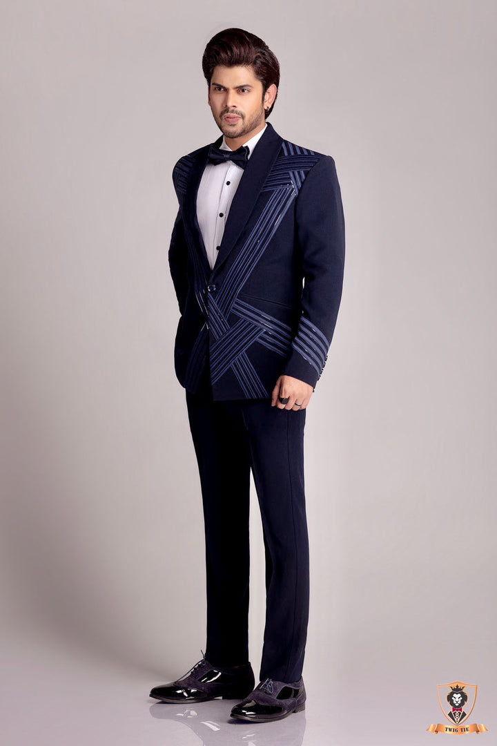 Blue Metallic Tuxedo Set In Satin Crape