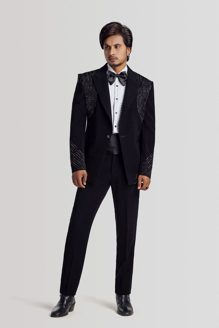 CORDED TUXEDO SET WITH BLACK CUT BEADS WORK