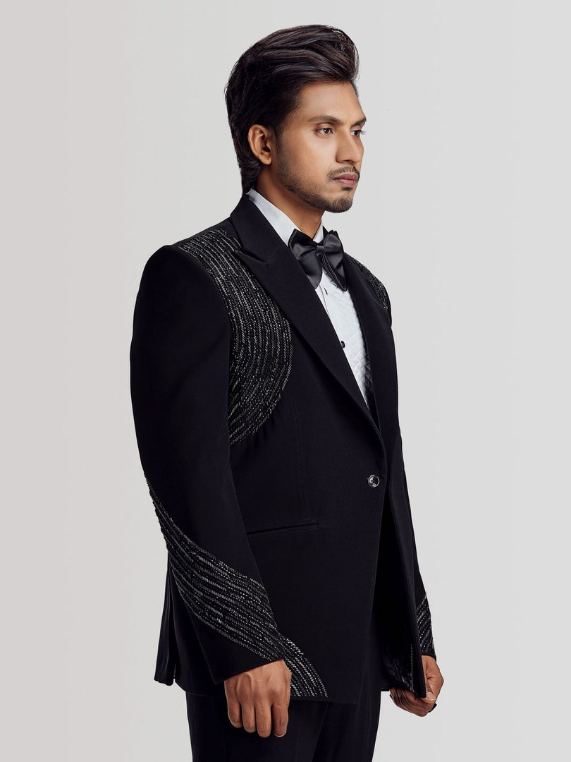 CORDED TUXEDO SET WITH BLACK CUT BEADS WORK