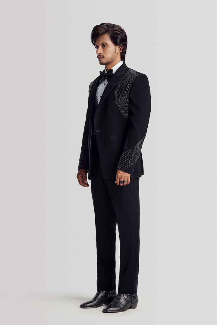 CORDED TUXEDO SET WITH BLACK CUT BEADS WORK